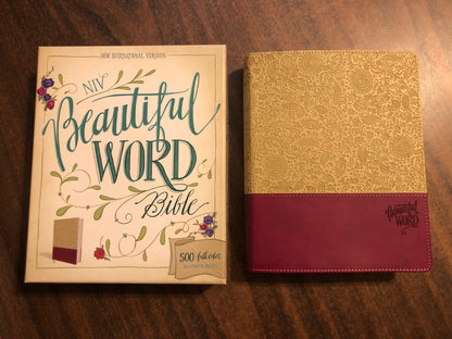 Personalized NIV Beautiful Word Bible - Taupe / Cranberry Duotone ** Custom Imprinted, bible with journaling space, art journaling bible