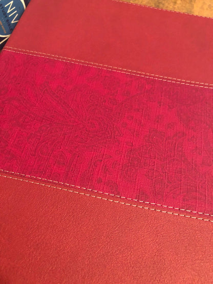 Personalized NIV Large Print Study Bible Thumb Indexed with Book Tabs - Burgundy LeatherSoft,  Custom Imprinted with name, 9780310449225