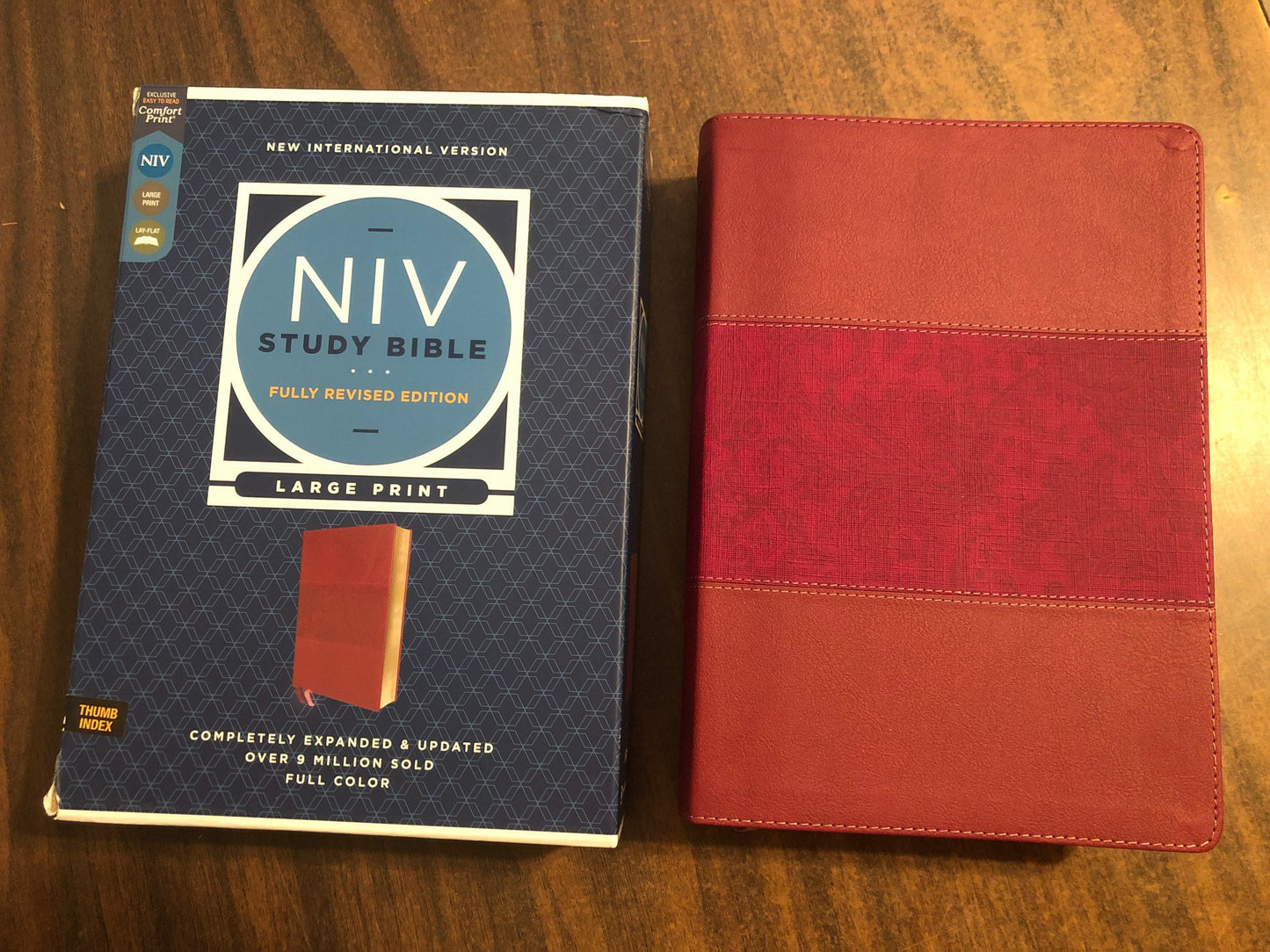 Personalized NIV Large Print Study Bible Thumb Indexed with Book Tabs - Burgundy LeatherSoft,  Custom Imprinted with name, 9780310449225