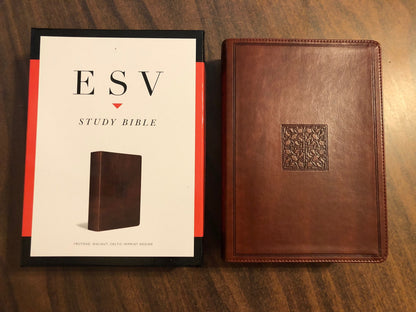 Personalized ESV Study Bible - Walnut Brown Trutone, Celtic Imprint Design ** Custom Imprinted with embossed Name, English Standard Version