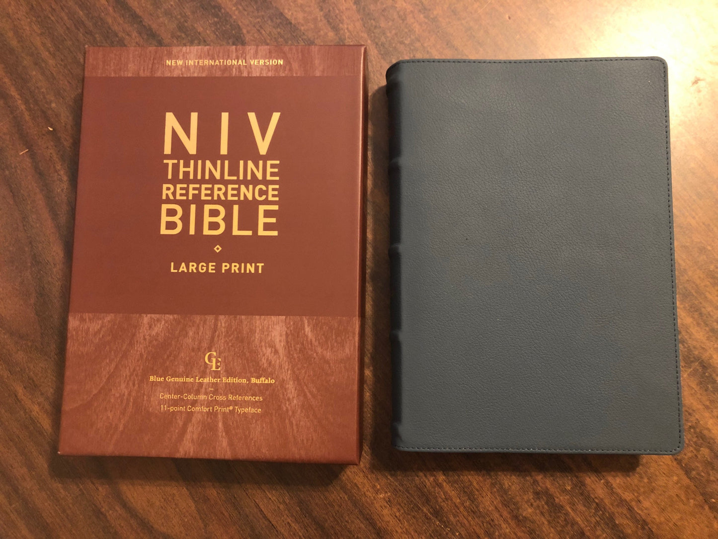 Personalized NIV Large Print Thinline Reference Bible - Blue Genuine Buffalo Leather Custom Imprinted, Raised Spine Hubs, ISBN 9780310455981