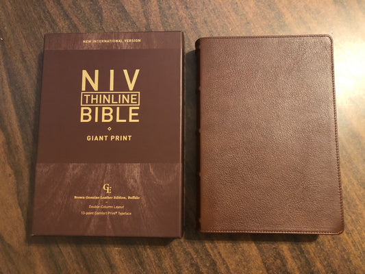 Personalized NIV Giant Print Thinline Bible - Brown Genuine Buffalo Leather Custom Imprinted, Raised Spine Hubs