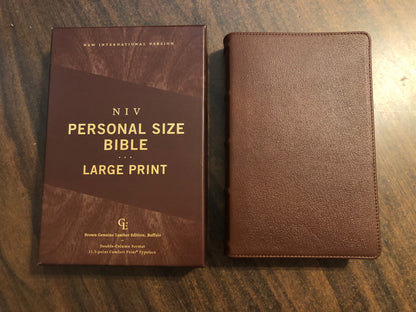 Personalized NIV Large Print Personal Size Bible - Brown Genuine Buffalo Leather Custom Imprinted, Raised Spine Hubs