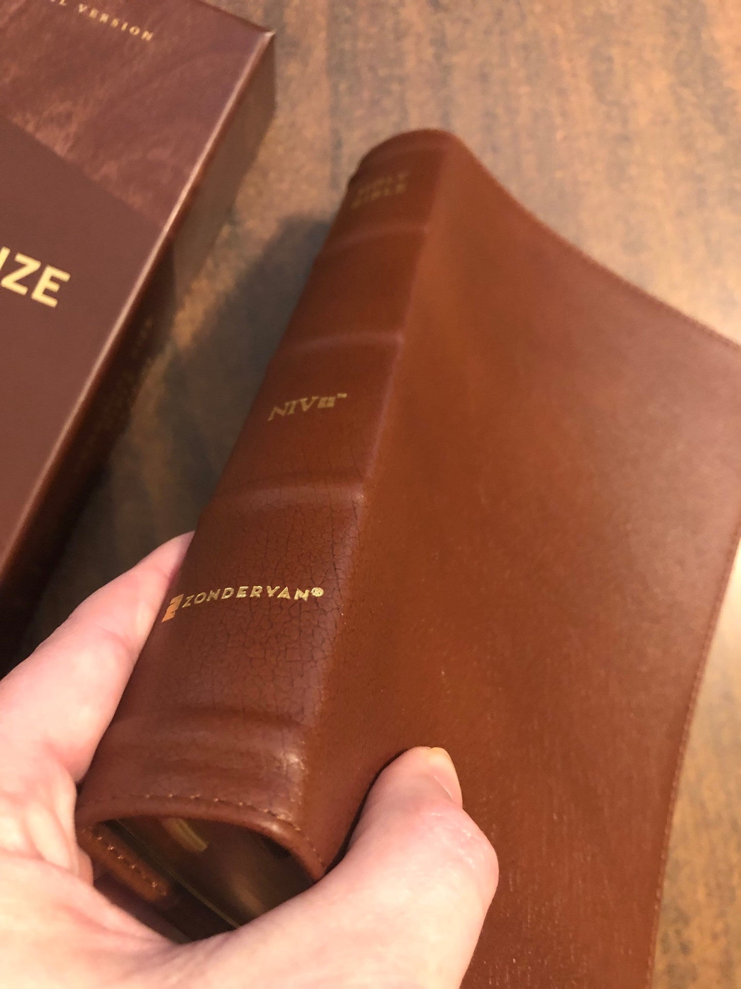 Personalized NIV Large Print Personal Size Bible - Brown Genuine Buffalo Leather Custom Imprinted, Raised Spine Hubs