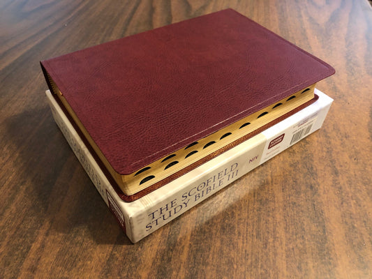 Personalized NIV 1984 Scofield Study Bible III Thumb Indexed - Burgundy Bonded Leather, Custom Imprinted, Name on bible, Out of Print