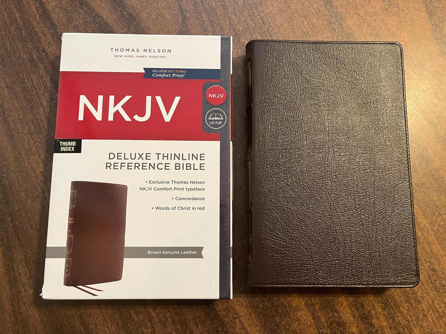 Personalized NKJV Thinline Reference Bible Thumb Indexed - Brown Genuine Leather, Custom Imprinted with name, ISBN 9780785248873