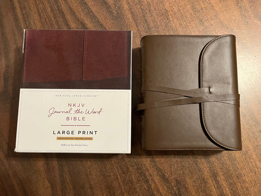 Personalized NKJV Journal the Word Bible Large Print - Brown Genuine Leather, flap with strap tie - Custom Imprinted with name 9780718090920