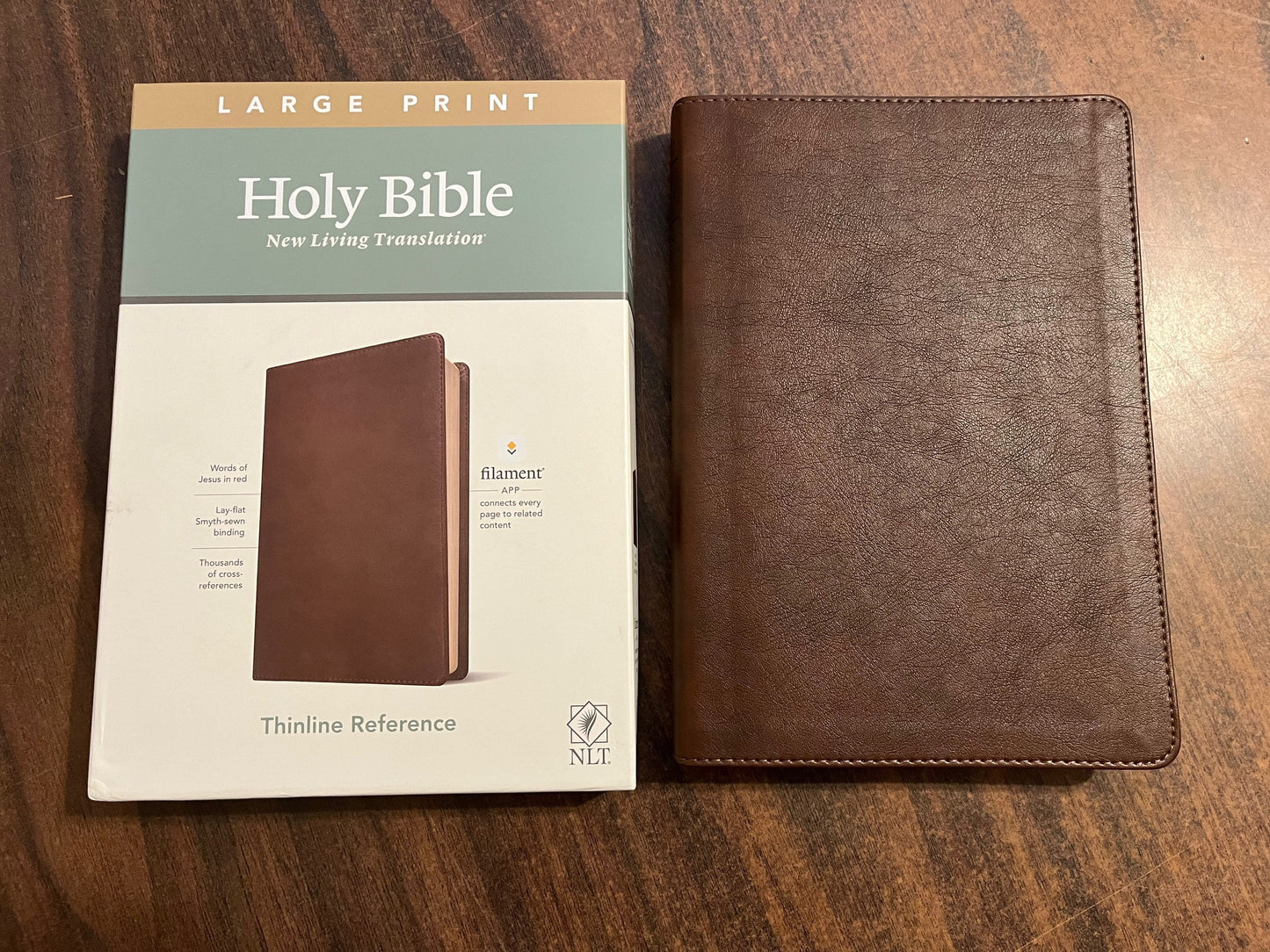 NLT Large Print Thinline Reference Bible - Brown LeatherLike, Custom Imprinted with Name, NLT Thinline Bible Emossed, 9781496444882