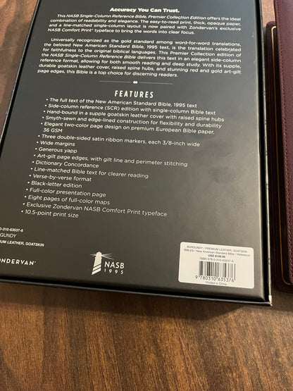 Personalized NASB Single Column Reference Bible - Burgundy Goatskin Genuine Leather, Premier Collection, 1995 NASB Text