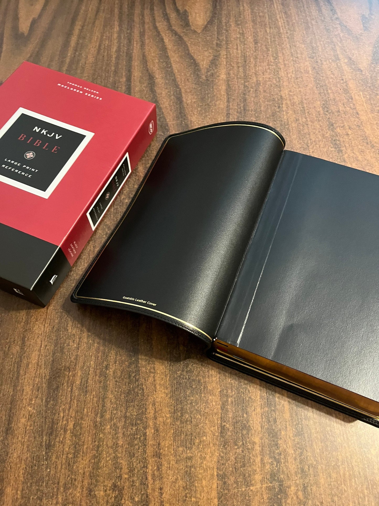 Personalized NKJV Large Print Reference Bible - Black Goatskin Premium Genuine Leather, Maclaren Series, Verse by Verse Edition