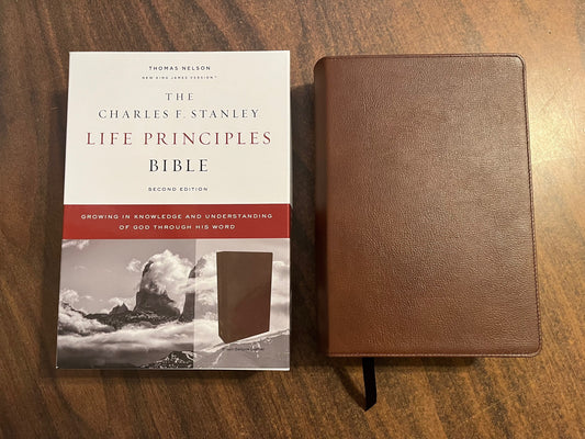 Personalized NKJV Charles Stanley Life Principles Study Bible - Brown Genuine Leather, Custom Imprinted