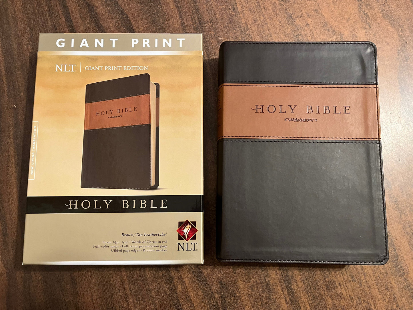 Personalized NLT Giant Print Bible - Brown / Tan LeatherLike - Custom Imprinted with name engraved