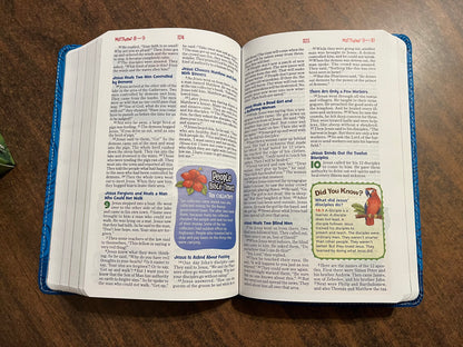 Personalized NIRV Adventure Bible - Blue LeatherSoft, Custom Imprinted with name, Kids Study Bible, 9780310458791