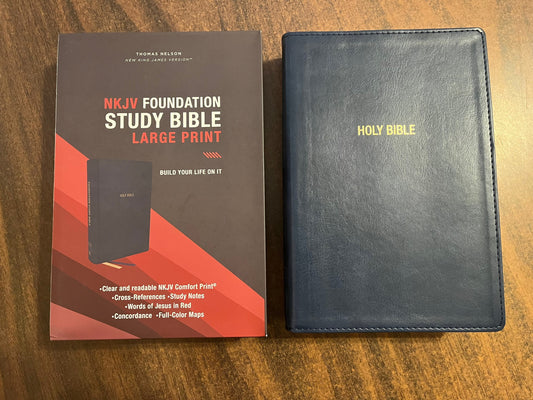 Personalized NKJV Large Print Foundation Study Bible - Dark Blue LeatherSoft,  Custom Imprinted with name, 11 pt font