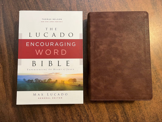 Personalized  NKJV Max Lucado Encouraging Word Study Bible - Brown LeatherSoft Cover Custom Imprinted with name