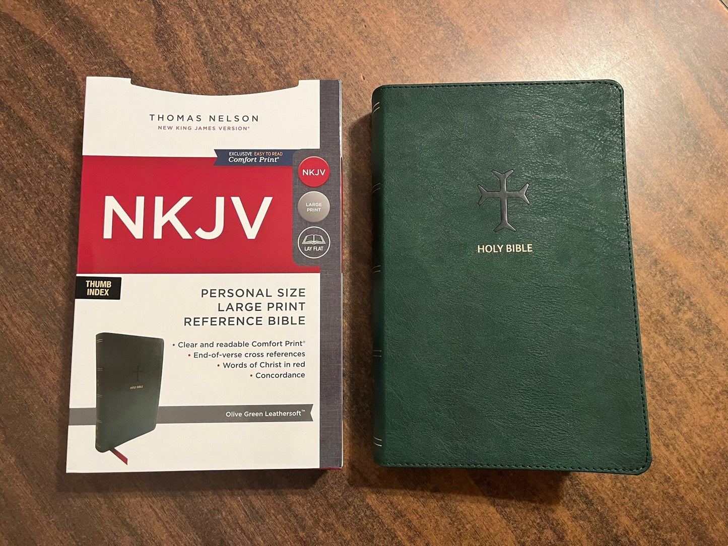 Personalized NKJV Large Print Reference Bible Thumb Indexed - Green LeatherSoft - Custom Imprinted with name, Personal Size Large Print