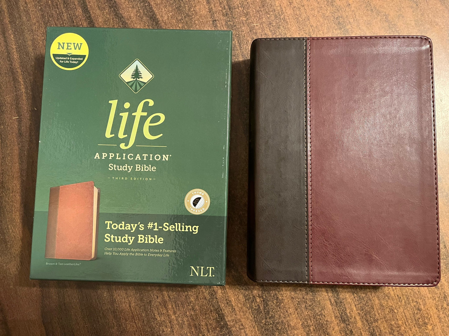 Personalized NLT Life Application Study Bible Thumb Indexed - Brown / Mahogany LeatherLike - Custom Imprinted with name - 9781496442031