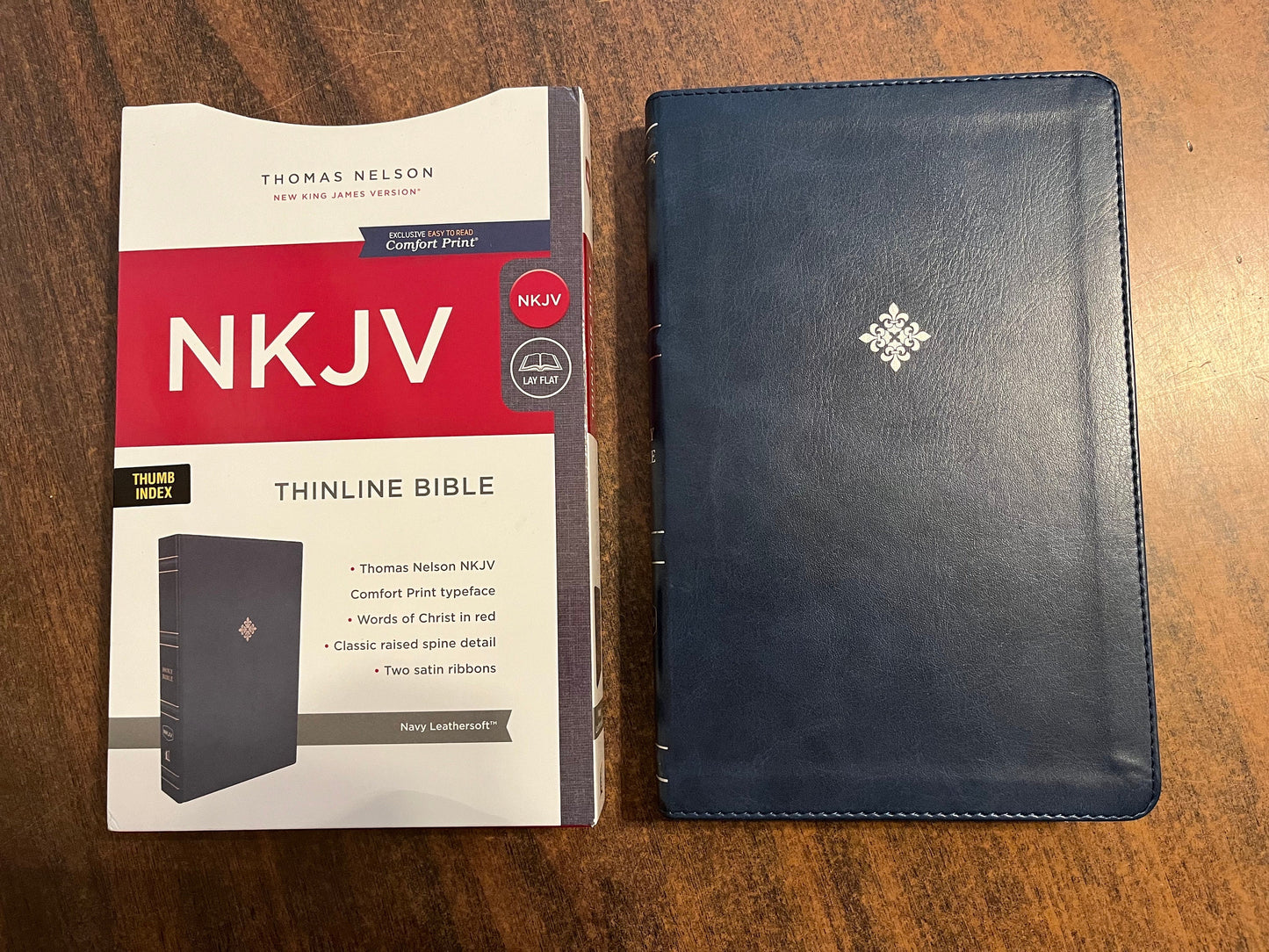 Personalized NKJV Thinline Bible Thumb Indexed - Navy LeatherSoft, Custom Imprinted with name