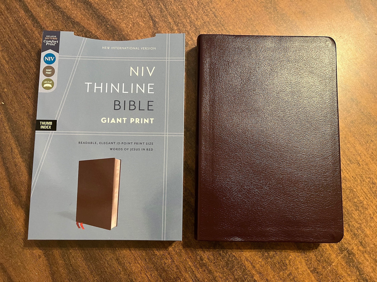 Personalized NIV Giant Print Thinline Bible Thumb Indexed - Burgundy Bonded Leather, Custom Imprinted with name, 13 pt font