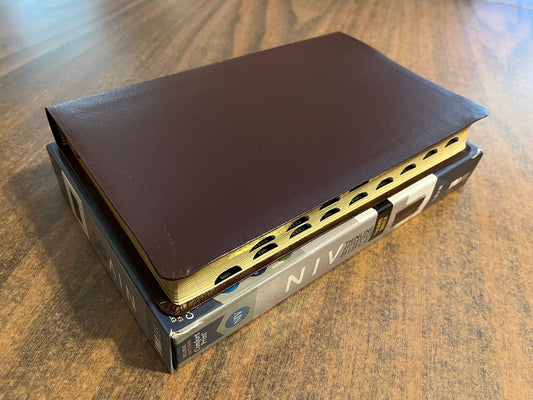Personalized NIV Thinline Reference Bible Thumb Indexed - Burgundy Bonded Leather, custom imprinted with name, 9780310449645