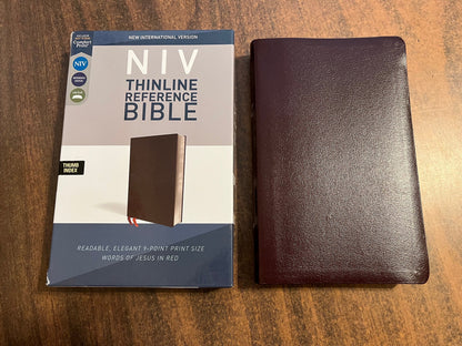 Personalized NIV Thinline Reference Bible Thumb Indexed - Burgundy Bonded Leather, custom imprinted with name, 9780310449645