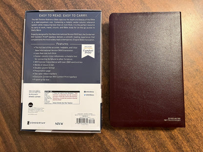 Personalized NIV Thinline Reference Bible Thumb Indexed - Burgundy Bonded Leather, custom imprinted with name, 9780310449645