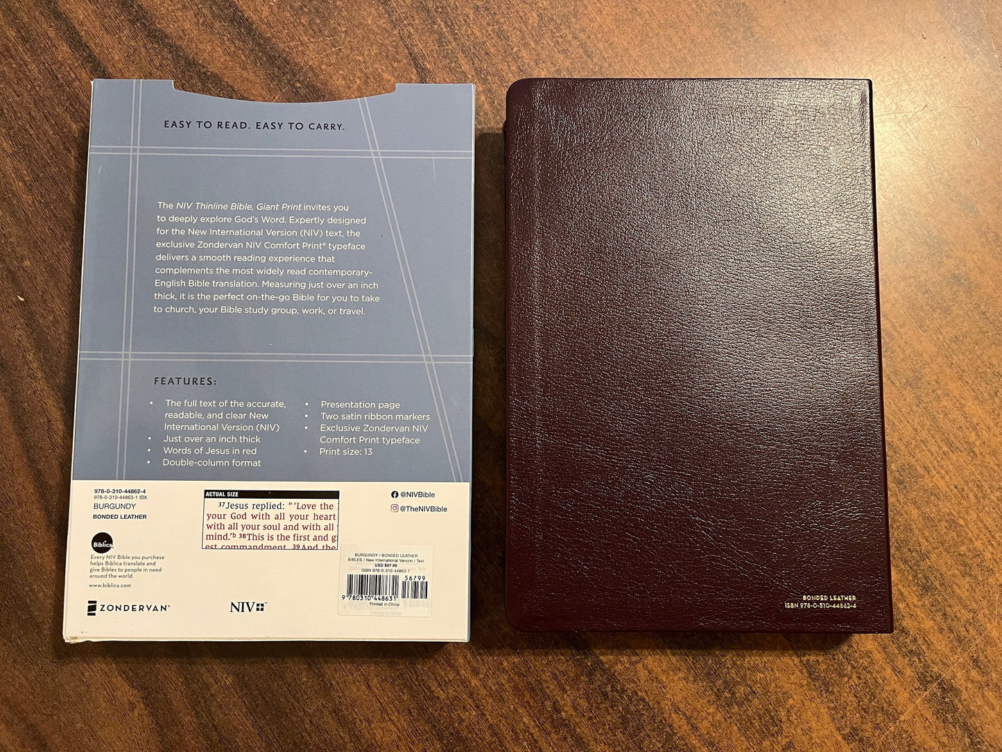 Personalized NIV Giant Print Thinline Bible Thumb Indexed - Burgundy Bonded Leather, Custom Imprinted with name, 13 pt font