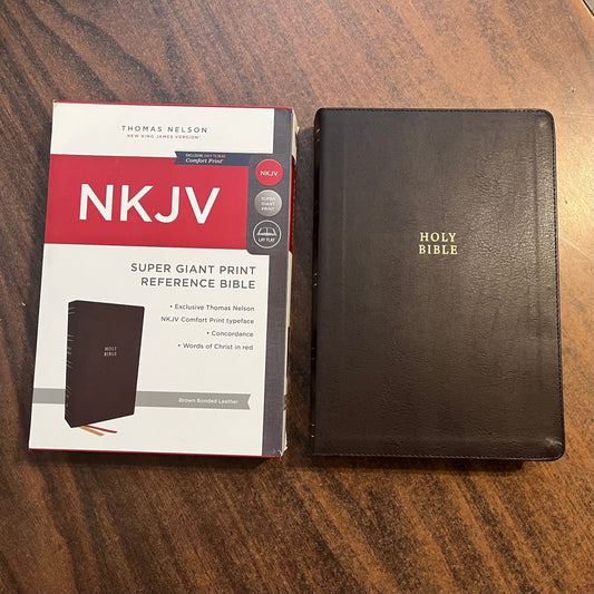 Personalized NKJV Super Giant Print Reference Bible - Brown Bonded Leather - Custom Imprinted with name on front cover