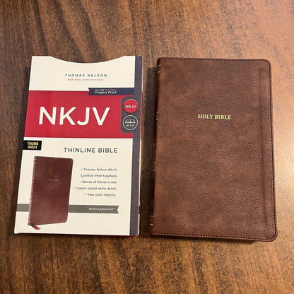 PERSONALIZED  NKJV Thinline Bible Thumb Indexed - Brown LeatherSoft  Custom Imprinted