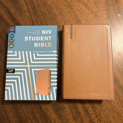 Personalized NIV Student Bible Thumb Indexed Personal Size - Teen Study Bible - Tan LeatherSoft - Custom Imprinted, name printed