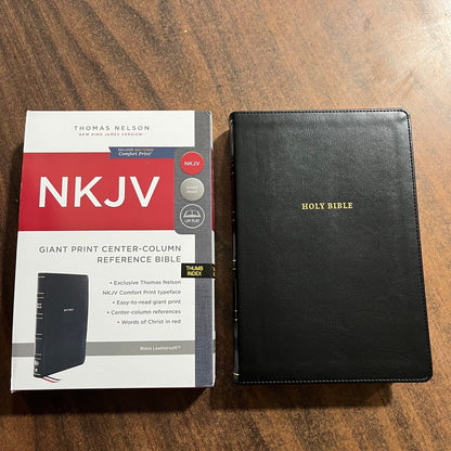 Personalized NKJV Giant Print Center Column Reference Bible Thumb Indexed - Black Leathersoft, Custom Imprinted, ISBN 9780785238416, large p