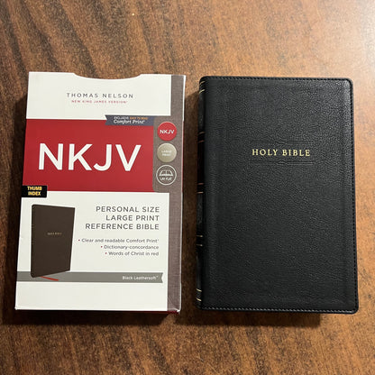 Personalized NKJV Personal Size Large Print Reference Bible Thumb Indexed - Black LeatherSoft - Custom Imprinted, ISBN 9781400335404