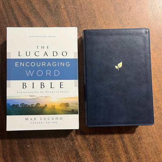 Personalized NIV Max Lucado Encouraging Word Study Bible - Blue LeatherSoft - Custom imprinted with a name, ISBN 978071809312