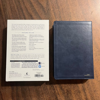 Personalized NIV Max Lucado Encouraging Word Study Bible - Blue LeatherSoft - Custom imprinted with a name, ISBN 978071809312