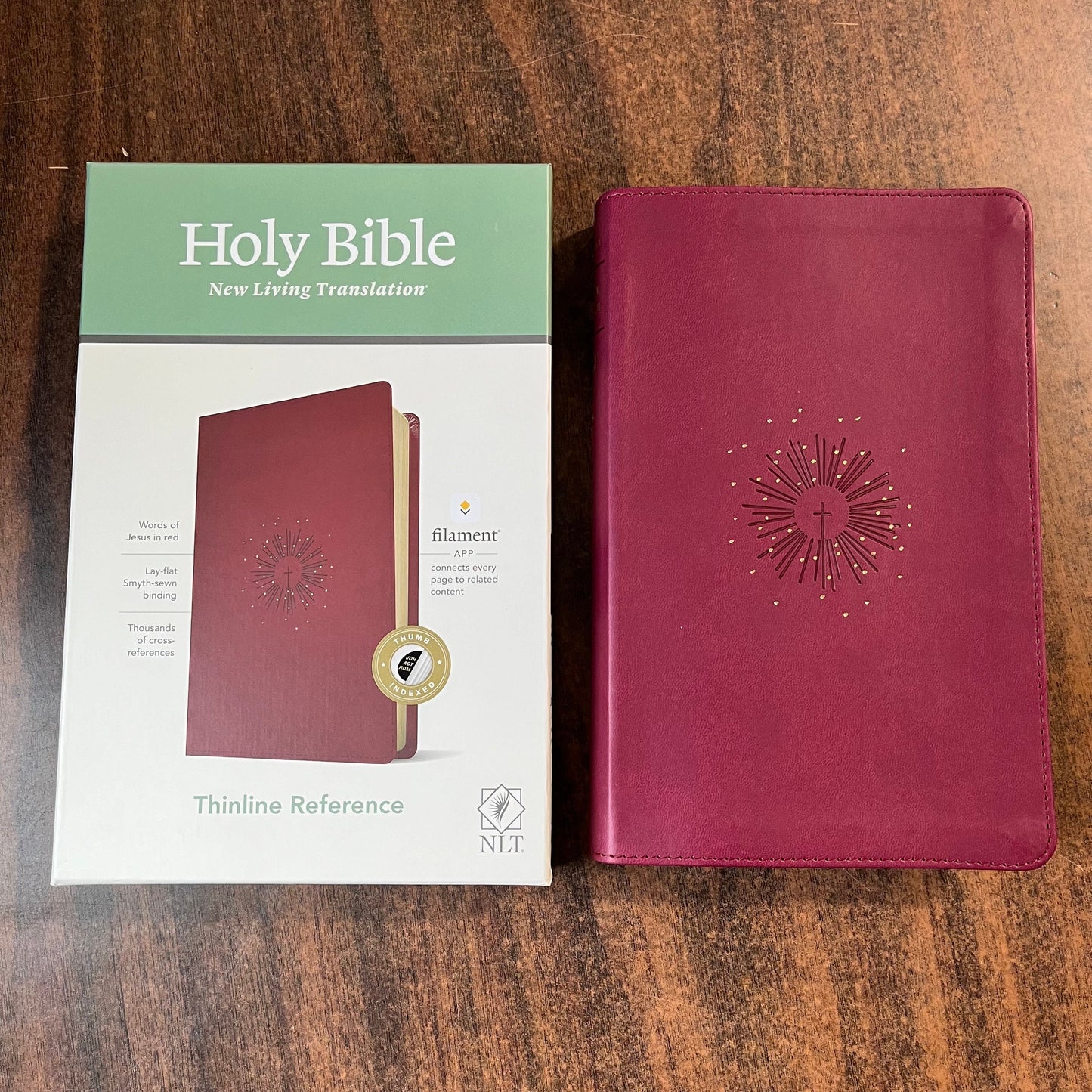 Personalized NLT Thinline Reference Bible Thumb Indexed -  Aurora Cranberry LeatherLike - Custom Imprinted with name 9781496445216