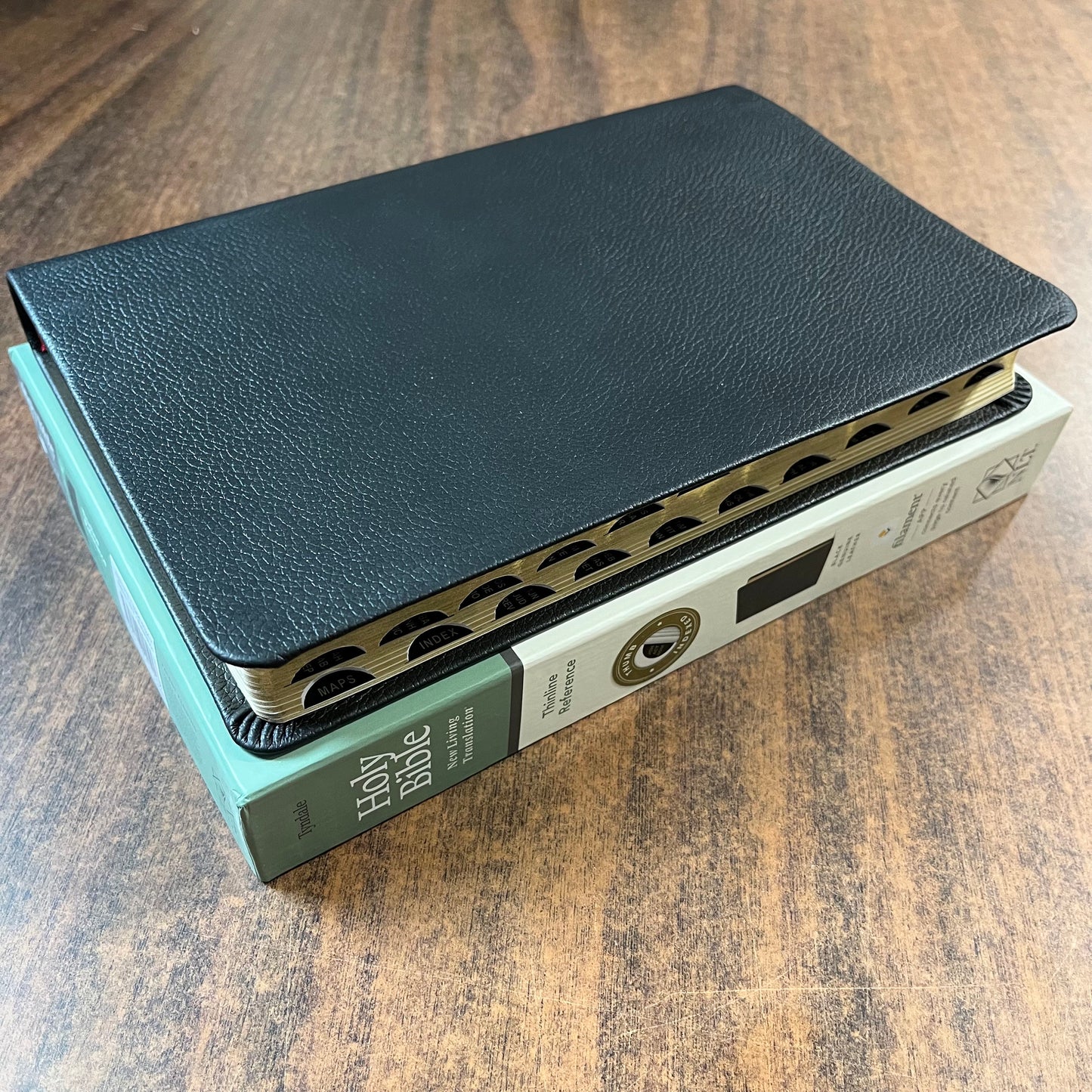 Personalized NLT Thinline Reference Bible Thumb Indexed - Black Genuine Leather - Custom Imprinted with name 9781496445247