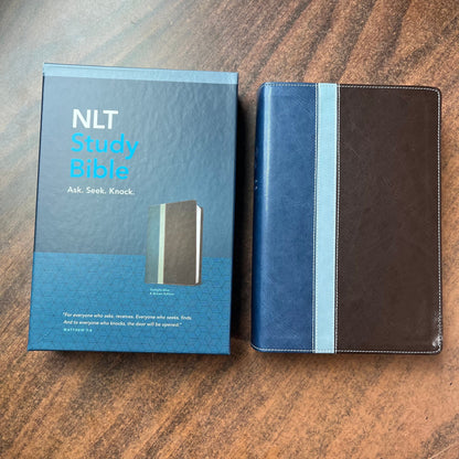 Personalized NLT Study Bible - Brown / Blue LeatherLike - Custom Imprinted with a name, ISBN 9781496416681 - Blue Box 16spaces