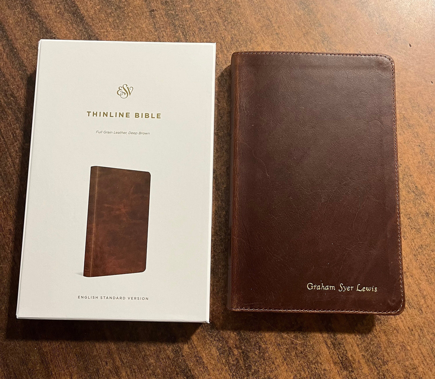 Personalized ESV Thinline Bible - Full Grain Genuine Leather Deep Brown, Custom Imprinted with name, ISBN 9781433593147