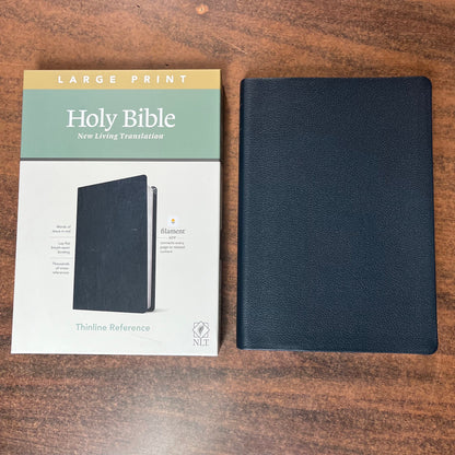 Personalized NLT Large Print Thinline Reference Bible - Navy Genuine Leather, Custom Imprinted with Name 9781496444936