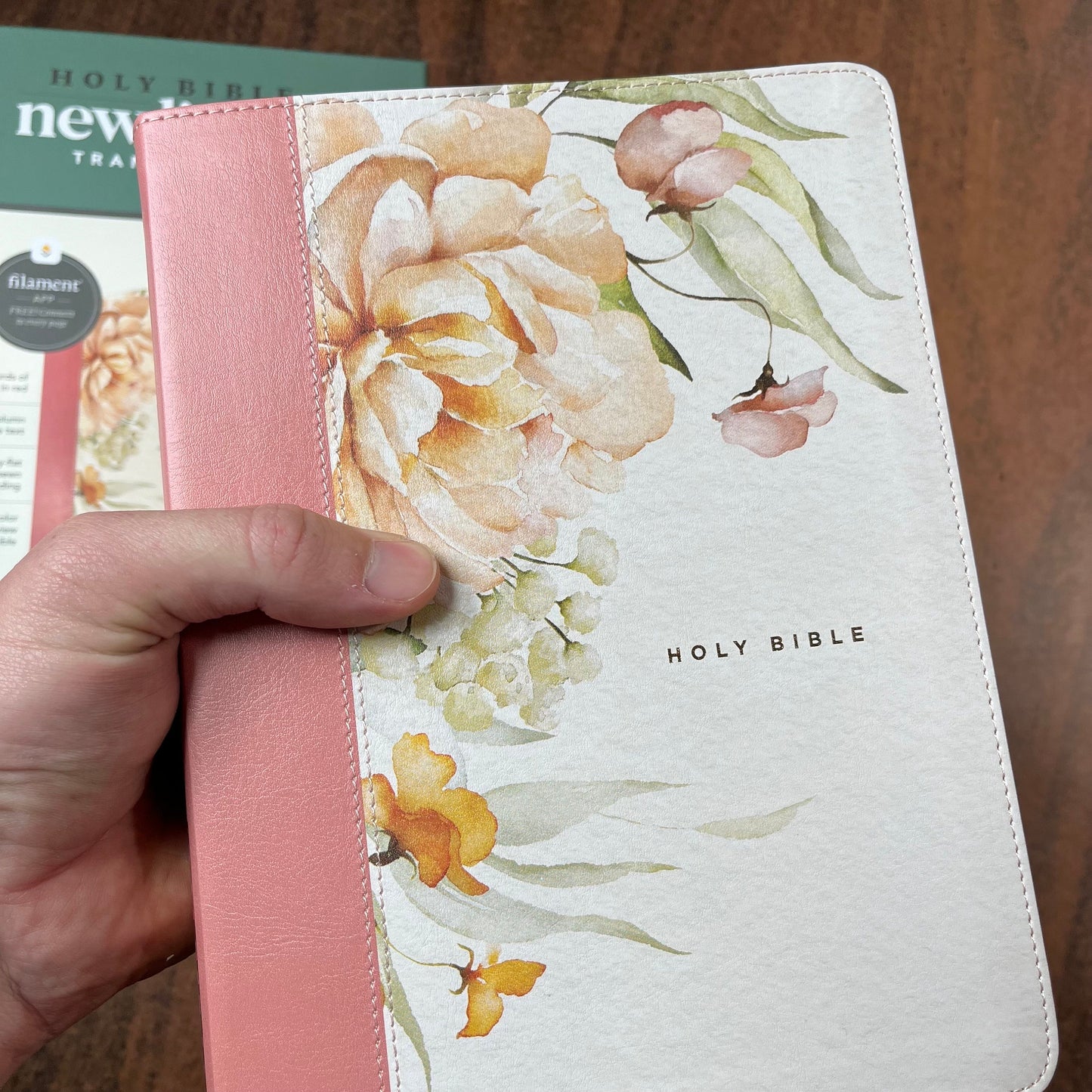 Personalized NLT Wide Margin Bible Thumb Indexed Journaling Edition - Dusty Pink Blossoms LeatherLike - Imprinted with name, Single Column