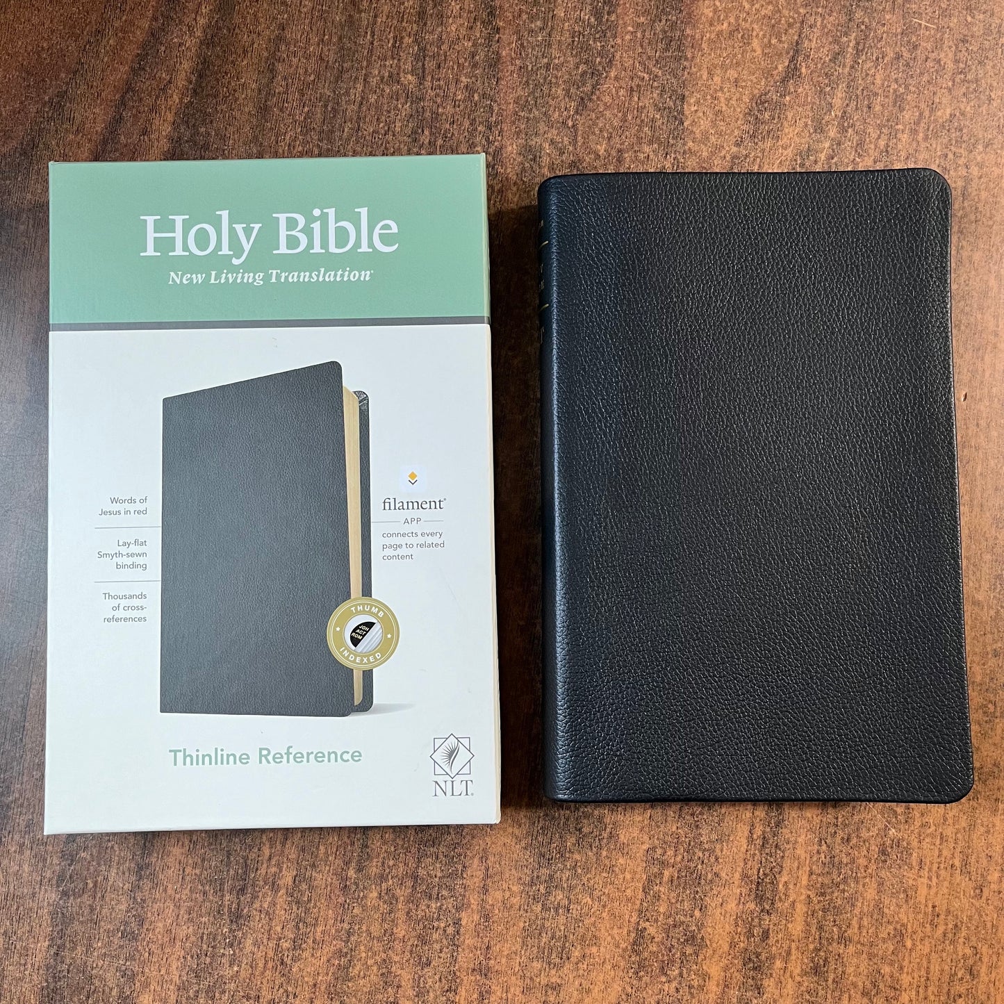 Personalized NLT Thinline Reference Bible Thumb Indexed - Black Genuine Leather - Custom Imprinted with name 9781496445247