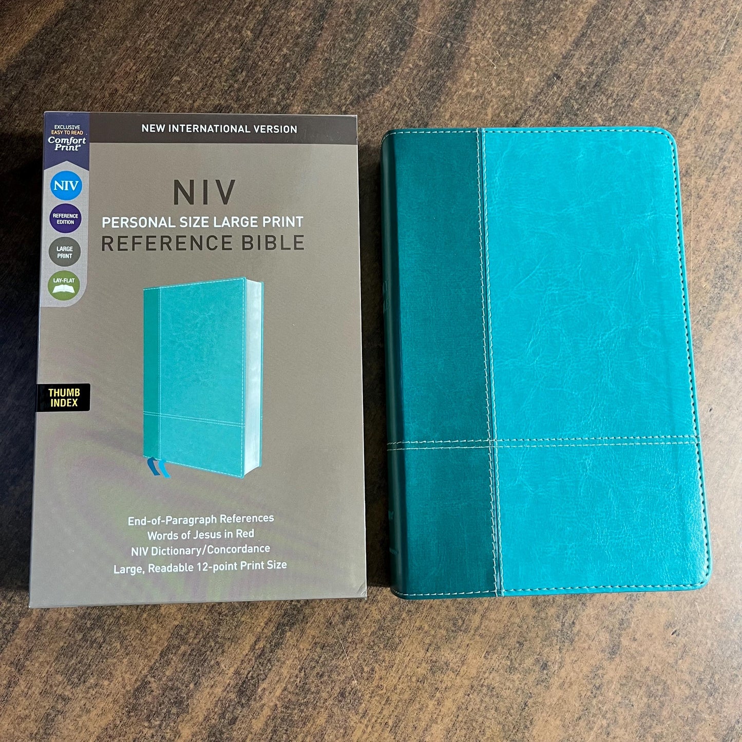 Personalized NIV Large Print Personal Size Bible Thumb Indexed - Turquoise LeatherSoft - Custom Imprinted with name 9780310449751