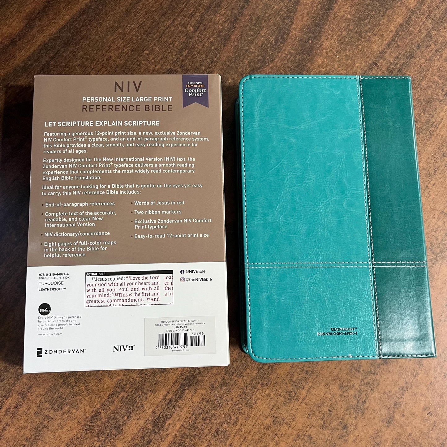 Personalized NIV Large Print Personal Size Bible Thumb Indexed - Turquoise LeatherSoft - Custom Imprinted with name 9780310449751