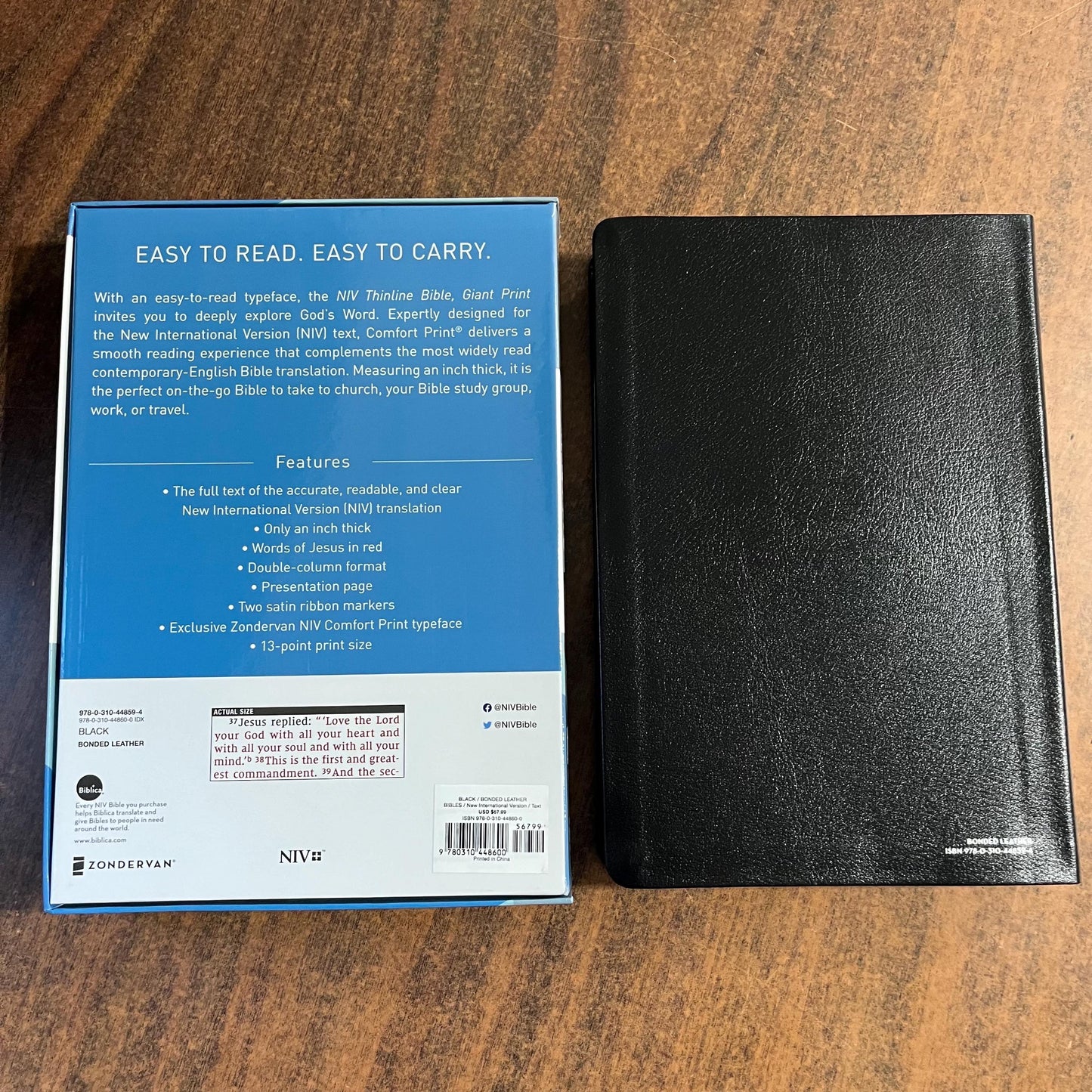 Personalized NIV Giant Print Thinline Bible Thumb Indexed - Black Bonded Leather, Custom Imprinted with name, 13 pt font 9780310448600