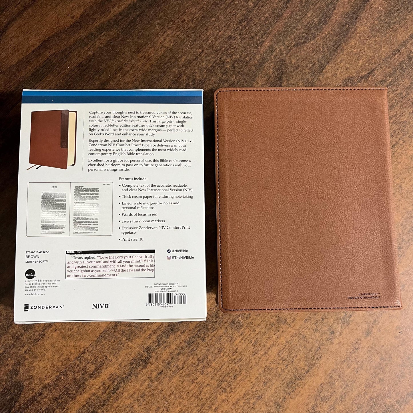 Personalized NIV Journal the Word Bible Large Print - Brown LeatherSoft - Custom Imprinted with a name 9780310463429, Wide Margin with lines