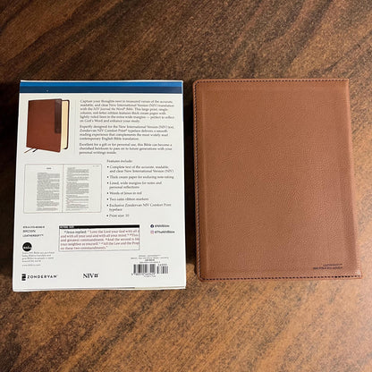 Personalized NIV Journal the Word Bible Large Print - Brown LeatherSoft - Custom Imprinted with a name 9780310463429, Wide Margin with lines