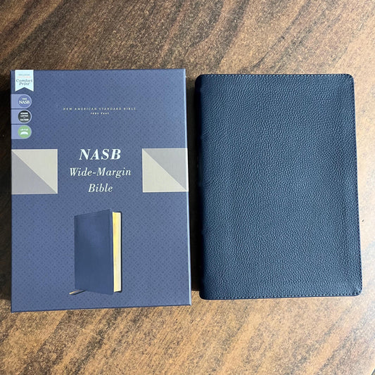 Personalized NASB Wide Margin Bible - Navy Genuine Leather, 1995 NASB Text, custom imprinted with a name engraved, isbn 9780310461104