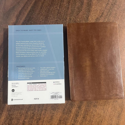 Personalized NIV Large Print Thinline Bible Thumb Indexed - Brown LeatherSoft - Custom Imprinted with a name - 11 pt font 9780310154365