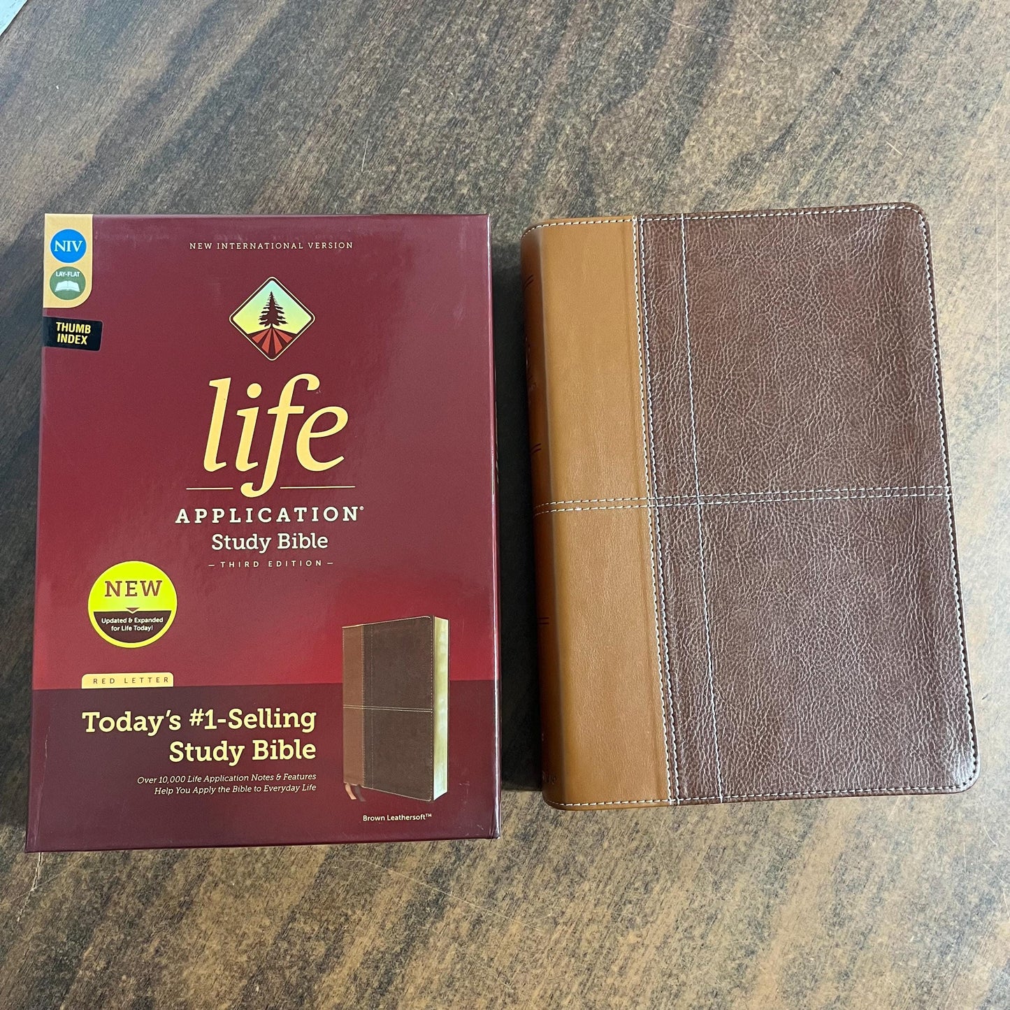 Personalized NIV Life Application Study Bible Thumb Indexed - Brown LeatherSoft - Custom Imprinted with a name, ISBN 9780310452836