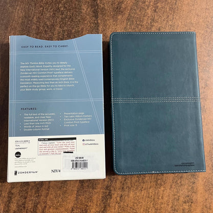 Personalized NIV Thinline Bible Thumb Indexed - Teal LeatherSoft, Custom Imprinted with a name, ISBN 9780310462101